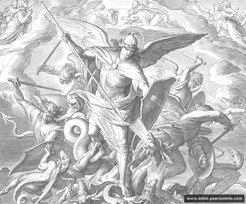رؤيا يوحنا اللاهوتي 12:9 - Michael and Angels Fighting Dragon